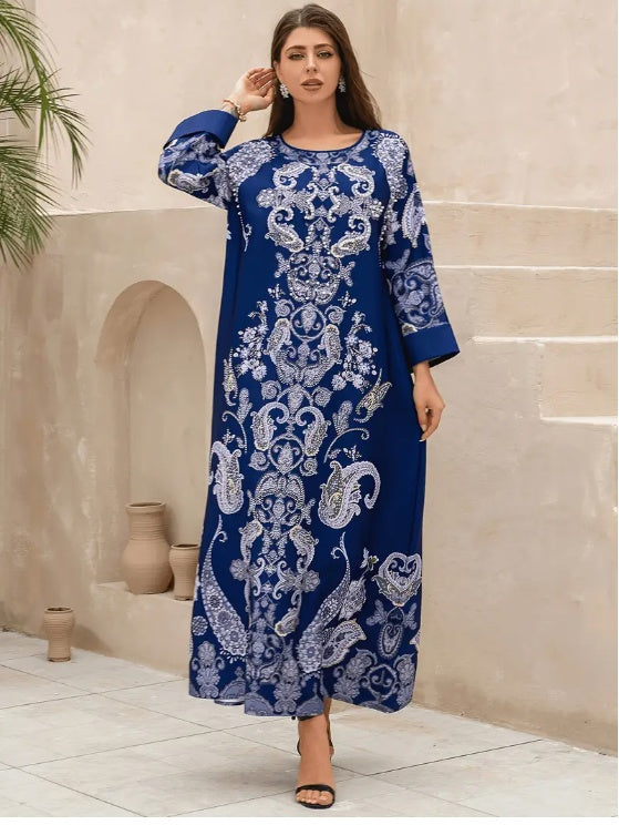 Robe Abaya Bleu Royal : Imprimé Floral & Motifs Cachemire Élégants