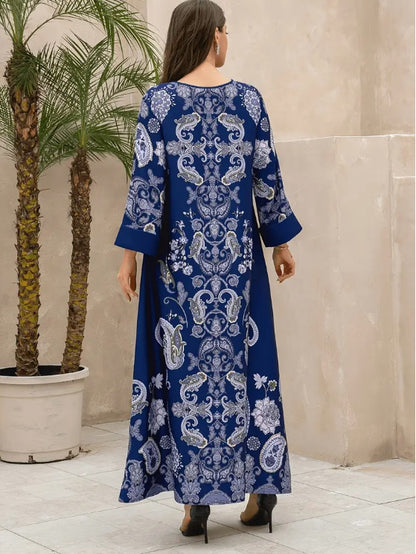 Robe Abaya Bleu Royal : Imprimé Floral & Motifs Cachemire Élégants