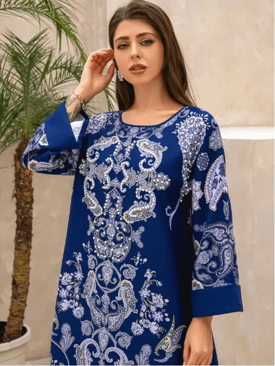 Robe Abaya Bleu Royal : Imprimé Floral & Motifs Cachemire Élégants