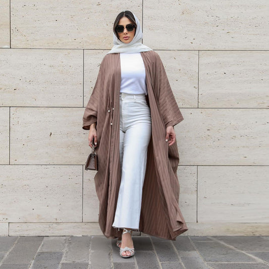 Abaya Kimono Moderne : Cardigan Long Texturé Marron Taupe