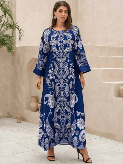 Robe Abaya Bleu Royal : Imprimé Floral & Motifs Cachemire Élégants