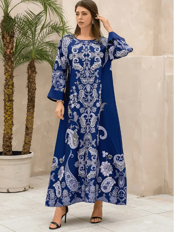 Robe Abaya Bleu Royal : Imprimé Floral & Motifs Cachemire Élégants