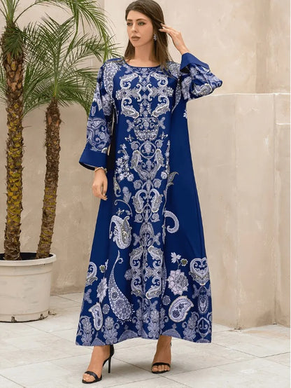 Robe Abaya Bleu Royal : Imprimé Floral & Motifs Cachemire Élégants